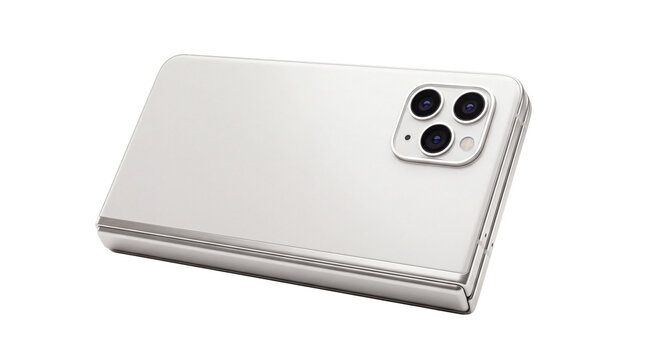 Silver folded iPhone Duo smartphone mockup for designers on clean background camera