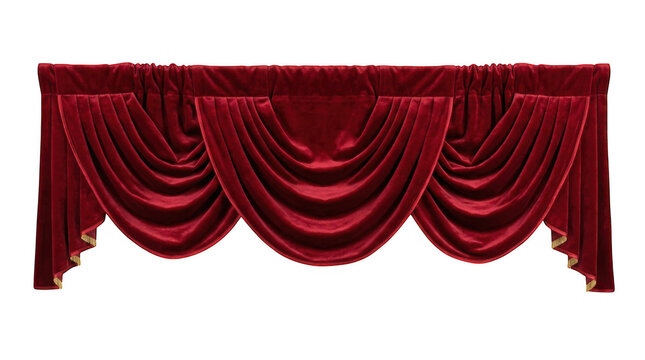 Elegant dark red fabric curtain valance with luxury drapes isolated on transparent background