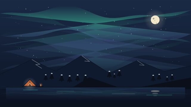 Animated Aurora Borealis Northern Lights over Mountain Night Camping Landscape with Moon and Stars