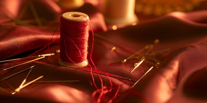 Red thread spool on rich silky fabric surrounded by scattered metallic sewing needles and pins under warm golden directional light with soft diffused glow and shallow depth of field