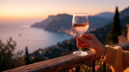 Obraz premium Close up of woman hand holding glass of rose wine on terrace. Person enjoys drink at sunset on balcony with scenic mediterranean coast view. Luxury lifestyle, summer vacation, relaxing evening by sea