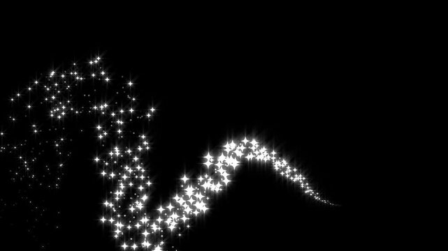 White sparkling star dust trail with glowing pixie particles, twinkling glowing stars, shimmering light lines, magical glitter star and fantasy sparkle overlay on black background in 4k