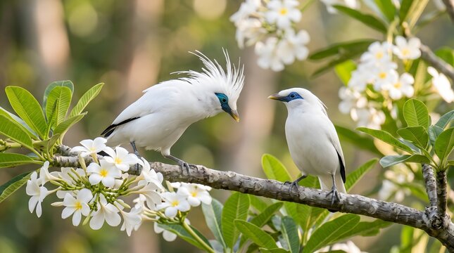 Pair of rare Bali myna birds interacting during courtship on flowering branch