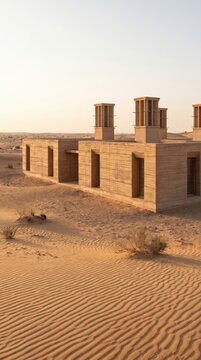Traditional mud brick building with wind towers standing in the Arabian desert