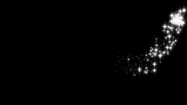2d glitter star sparkle animation with white twinkling stars, bokeh lights, magic fairy dust, pixie sparkle trail, glowing particle lines and cartoon doodle effects on black background in 4k