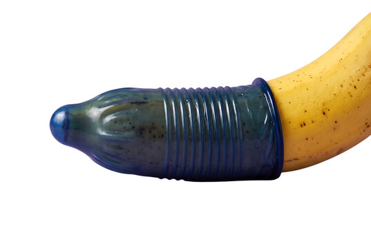 Banana covered with blue condom demonstrating contraception safe sex protection usage and sexual health education isolated on a transparent background