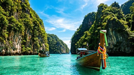 Obraz premium A traditional wooden long-tail boat, its bow decorated with colorful fabric sashes, floats on brilliant turquoise water in a limestone lagoon steep, jungle-covered karst cliffs rise on either side.