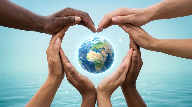 Diverse hands forming a heart shape around a glowing Earth globe, representing global unity, environmental protection, and sustainability concept