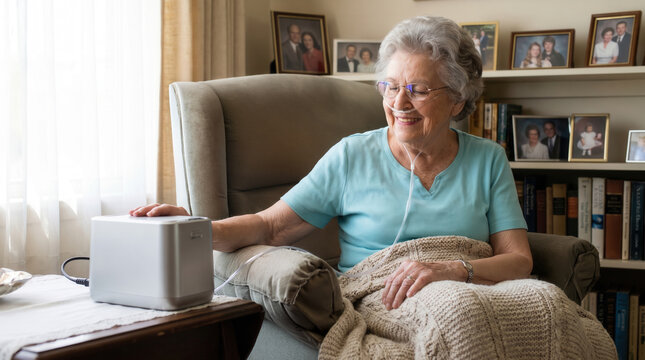 Senior woman using oxygen concentrator for independent living at home