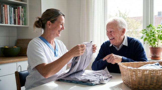 Caregiver folding clothes with an elderly man at home while they smile and share a supportive daily care moment.
