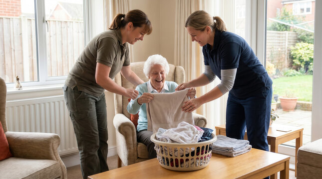 Caregivers folding laundry with elderly woman during long-term care