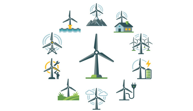 Wind turbines with surrounding elements in a flat vector illustration style