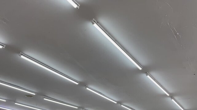 Row of bright fluorescent tube lights on clean white ceiling