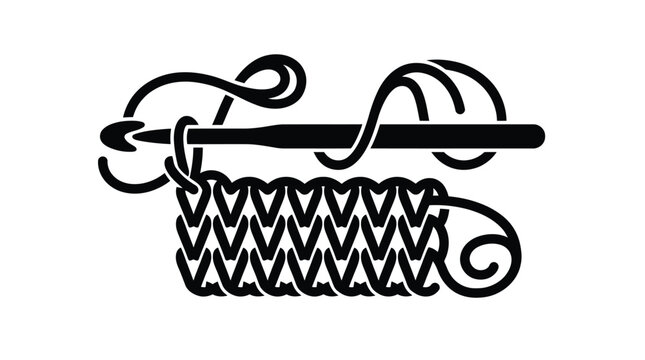 Black crochet hook icon illustrating delicate yarn loops with professional flat vector art design style