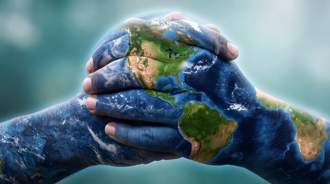 Conceptual image of two human hands joined together with a world map texture representing global unity and environmental protection