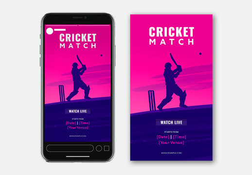 Editable Cricket Match Social Media Story Template with Silhouette Batter Player Hitting Ball.