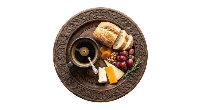 Breakfast platter with coffee cheese bread fruits nuts herbs on plate.