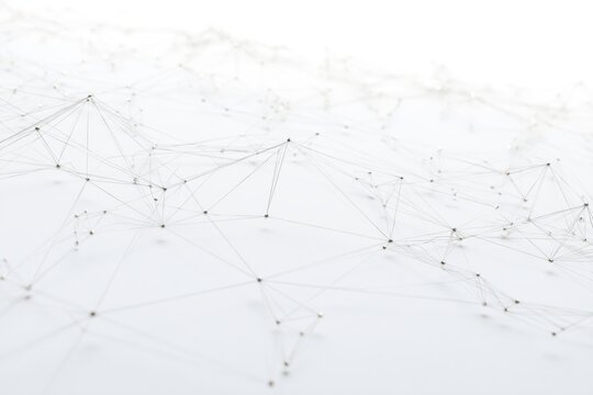 Interconnected metallic nodes linked by thin wires forming a geometric network across a smooth white surface under soft directional lighting casting subtle shadows to emphasize depth and
