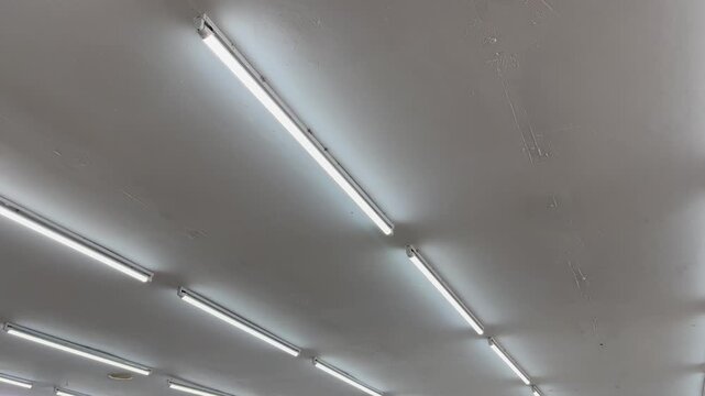 Row of Bright LED Fluorescent Tube Lights on Industrial Ceiling