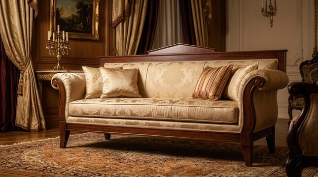 Antique Biedermeier style sofa featuring vintage fabric upholstery and detailed wood carvings
