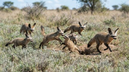 Fototapeta premium Bat-Eared Foxes in the Savanna: A playful pack of bat-eared foxes with their distinctive large ears scamper through the dry savanna grasses, their ears twitching as they explore their arid habitat.