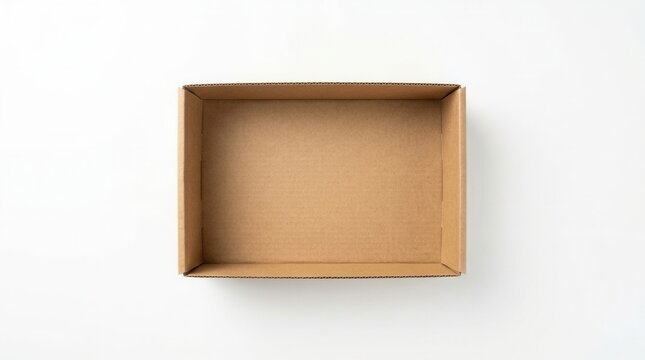 Empty brown cardboard box viewed from the top on a white background