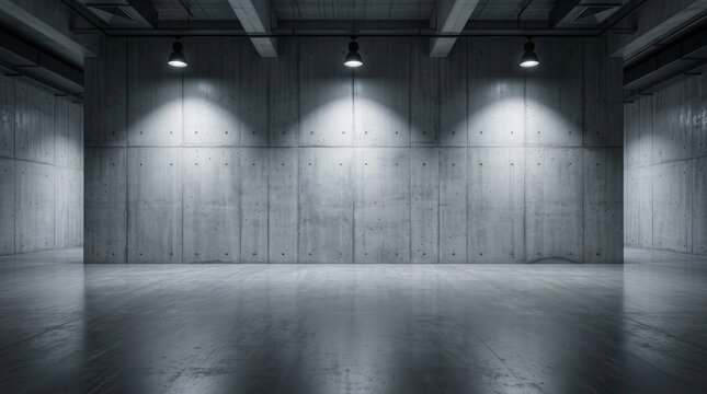 Illuminated gray concrete wall within a modern exhibition space for gallery mockup