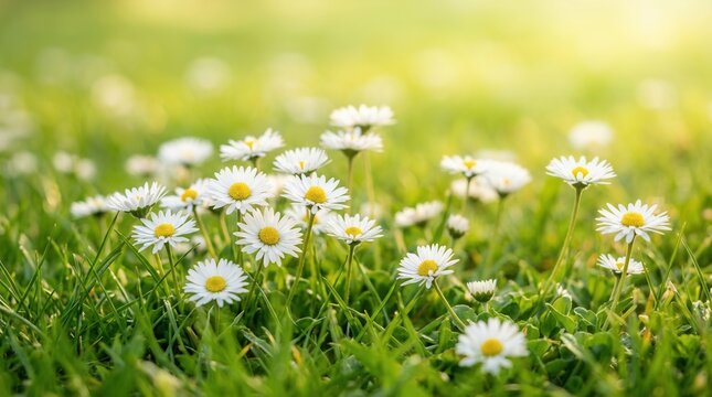 Green meadow with margarite style white flower blossoms and ample copy space