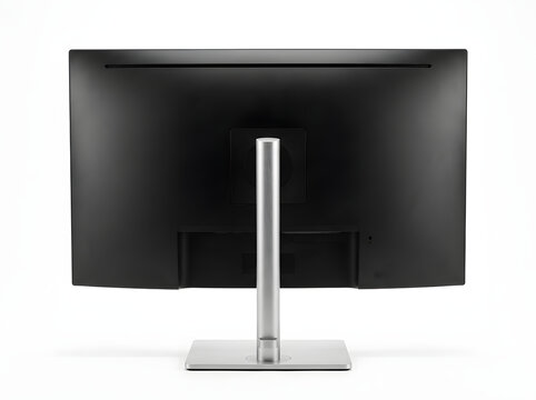 A rear view of a modern black computer monitor with a silver stand isolated on a clean white studio background surface