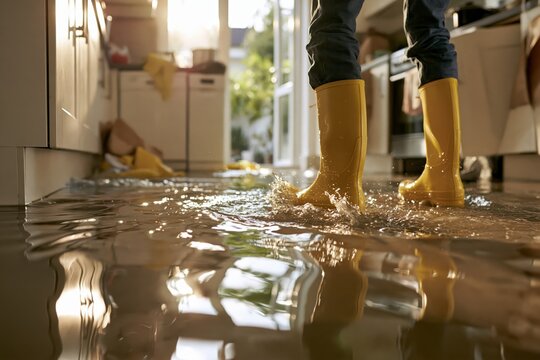 Person wearing yellow rubber boots stepping through flooded kitchen floor with water splashing around legs, sunlight streaming through open doorway, reflections on wet surface