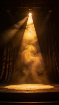 Dramatic golden spotlight beam piercing atmospheric swirling smoke and dancing dust on a dark, empty stage, low angle theatrical illumination