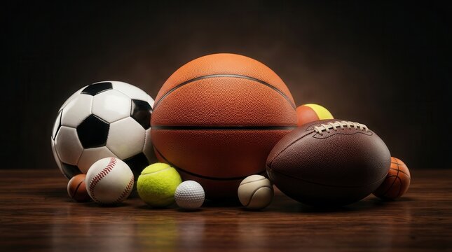 A collection of various sports balls placed on a smooth wooden surface against a dark background