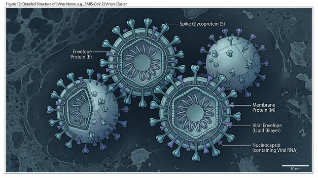 Detailed illustration of SARS-CoV-2 virus structure showing spike glycoprotein, envelope protein, membrane protein, and nucleocapsid within a dark blue liquid environment