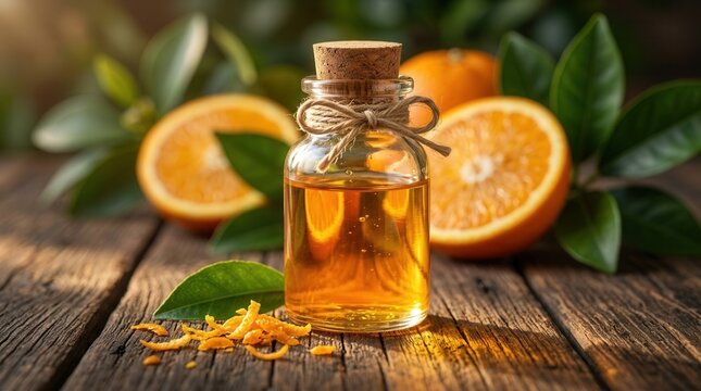 Natural wooden surface with a small glass bottle filled with orange essential oil