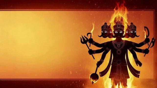 Multiheaded demon king Ravana silhouette burning in fire for Dussehra. Indian mythological antagonist with ten heads and many arms during religious celebration.