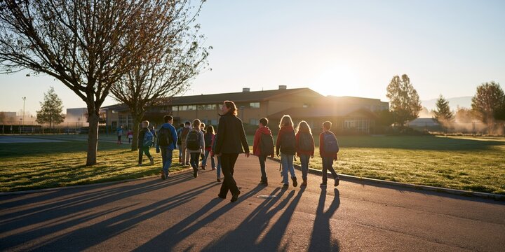 Group of students walking along paved path toward grassy field guided by teacher in front with school building behind under warm sunrise light casting long shadows from trees and mist rising faintly