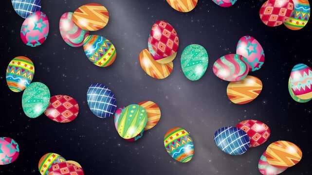 Colorful Patterned Easter Eggs Falling Over a Dark Starry Background