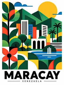 Colorful geometric illustration of Maracay, Venezuela, featuring tropical plants, modern buildings, mountains, sun, water, and bold destination typography.
