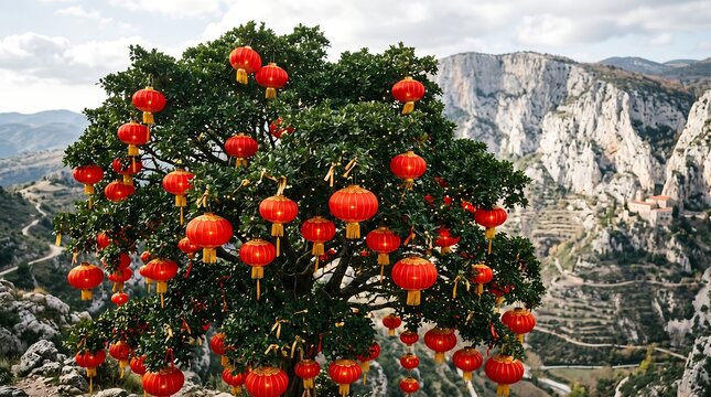 Lush green tree adorned with vibrant red Chinese lanterns against a scenic mountain landscape during a bright sunny day