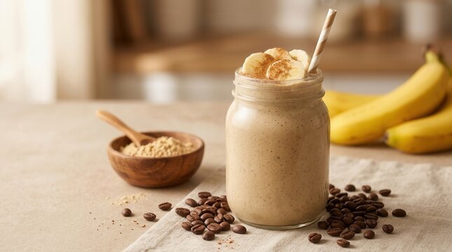Espresso maca banana smoothie in a glass jar with coffee beans on a smooth background and copy space