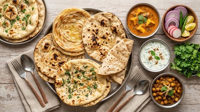 Platter of various Indian flatbreads including tandoori roti, kulcha, chapati, and paratha