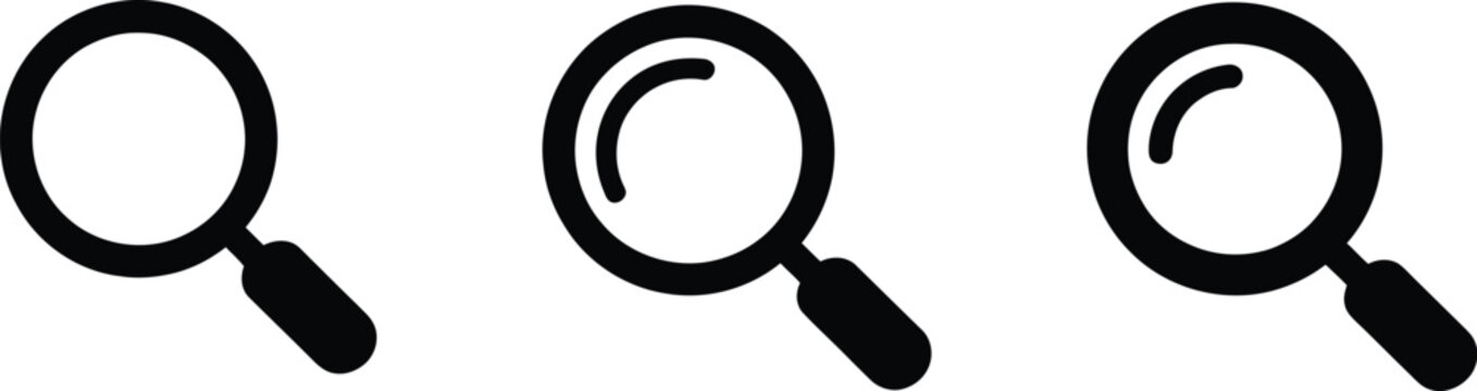 Magnifying glass vector icons for search and zoom functions in digital interfaces, navigation, browsing, and information discovery