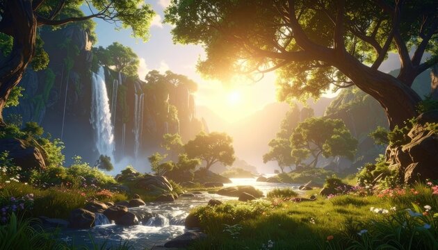 A serene natural landscape featuring a majestic waterfall cascading into a babbling brook, bathed in the warm glow of a setting sun.