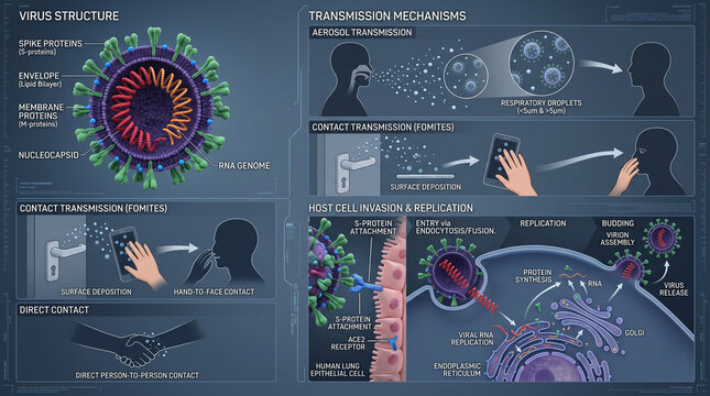 Detailed infographic illustration of virus structure and transmission mechanisms showing spike proteins, RNA genome, cell entry, budding, and various contact methods