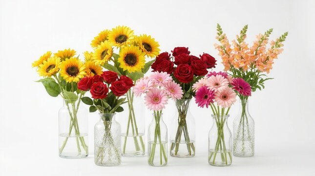 Different floral types of varied colorful fake flowers in decorative glass vases against a pure white backdrop for a joyful home environment