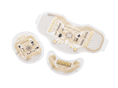 Flexible electronics wearable circuit sensor patch isolated on black background for smart medical technology modern bioelectronics research innovation modern microchip component design engineering