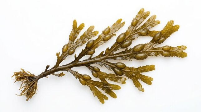Fucus vesiculosus seaweed strand isolated on a clean white background