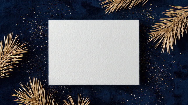 Blank white Christmas card mockup on navy blue and gold background