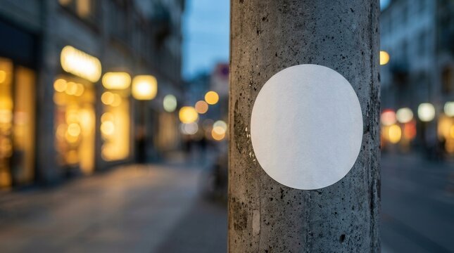 White textured label template on a round blank sticker mockup glued to a street pillar