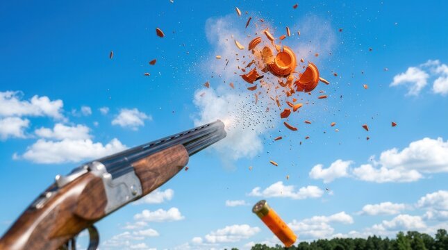 Shooting a clay pigeon in midair under a sunny blue background